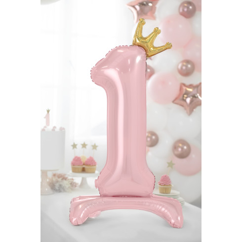 Stoječi folija balon številka 1 roza z zlato krono 84 cm Stoječi folija balon številka 1 roza z zlato krono 84 cm