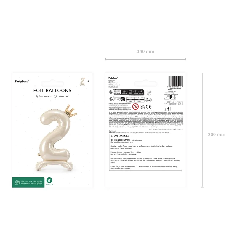 Álló fólia lufi 2-es szám, 84 cm, krém szín arany koronával