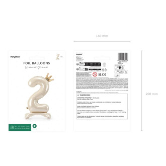 Samostojeći folij balon broj 2, krem, sa zlatnom krunom, 84 cm