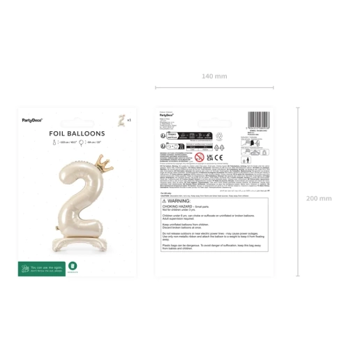Álló fólia lufi 2-es szám, 84 cm, krém szín arany koronával