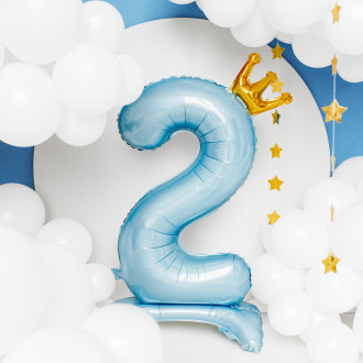 Stoječi folija balon številka 2 modra s krono 84 cm