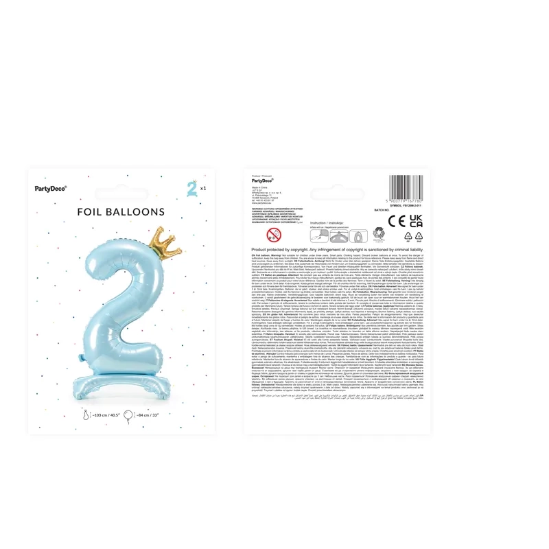 Álló fólia lufi 2-es szám, 84 cm, világoskék arany koronával