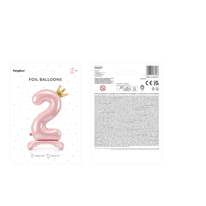 Balon din folie autoportant, cifra 2, roz cu coroniță aurie, 84 cm