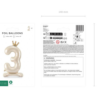 Stoječi folija balon številka 3 s krono, 84 cm, svetlo krem