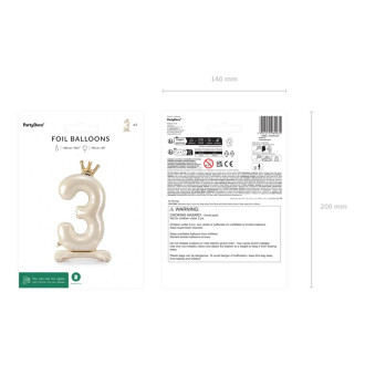 Stojeći folijski balon broj 3, krem, sa zlatnom krunom, 84 cm