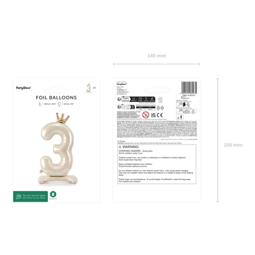Stojaci fóliový balón číslo 3 krémový so zlatou korunkou 84 cm