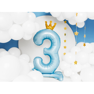 Stojeći folijski balon broj 3 plavi s krunom 84 cm