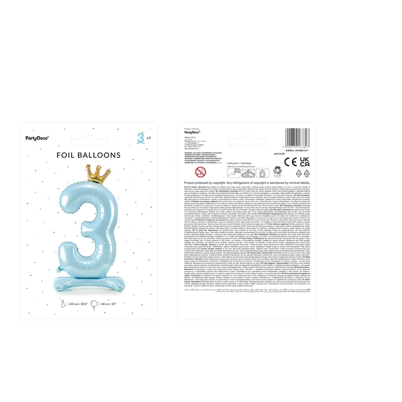 Balon folio în picioare, cifră 3, albastru, cu coroană, 84 cm