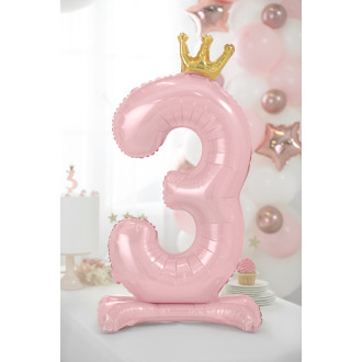 Stojeći folijski balon broj 3 ružičasti sa zlatnom krunom 84 cm