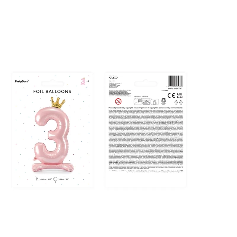 Balon din folie, autoportant, cifră 3, roz cu coroniță aurie, 84 cm