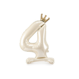 Samostojeći folijski balon broj 4, krem, sa zlatnom krunom, 84 cm