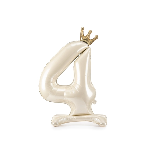 Álló fólia lufi 4-es szám, 84 cm, krém szín arany koronával