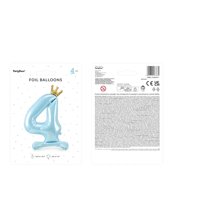 Álló fólia lufi 4-es szám, 84 cm, égkék arany koronával