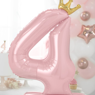 Stoječi folija balon številka 4 roza z zlato krono 84 cm