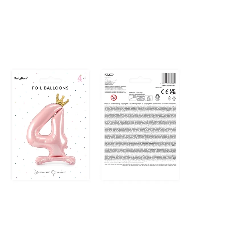 Stoječi folija balon številka 4 roza z zlato krono 84 cm