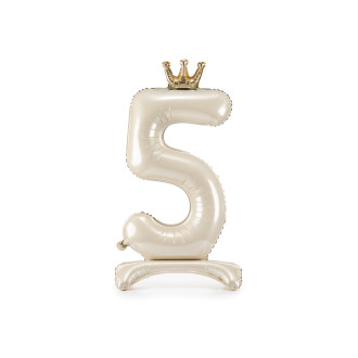 Samostojeći folijski balon broj 5, krem, sa zlatnom krunom, 84 cm