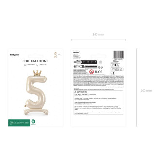 Samostojeći folijski balon broj 5, krem, sa zlatnom krunom, 84 cm