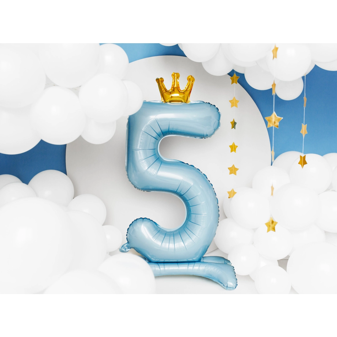 Balon din folie autoportant, cifră 5, albastru cu coroană aurie, 84 cm