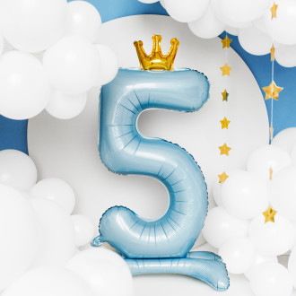 Stoječi folija balon številka 5 modra s krono 84 cm
