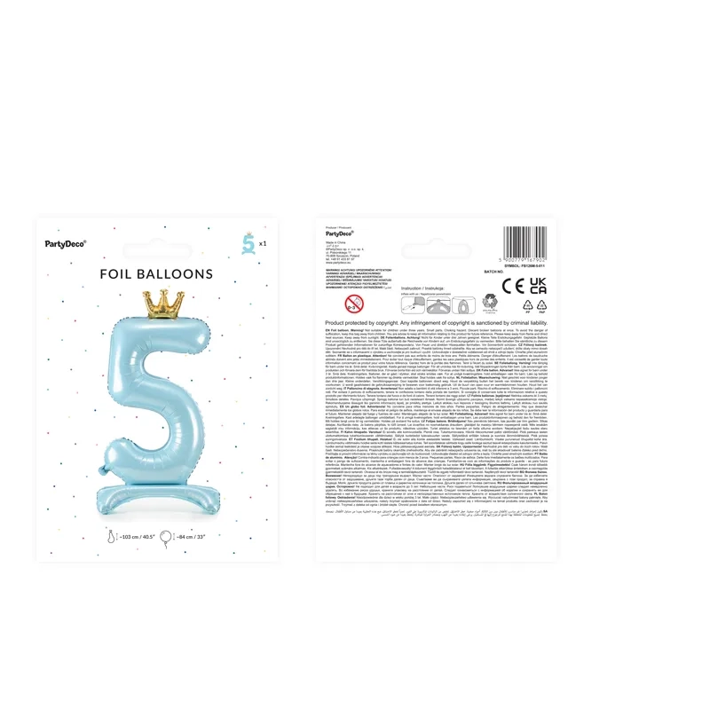 Balon din folie autoportant, cifră 5, albastru cu coroană aurie, 84 cm