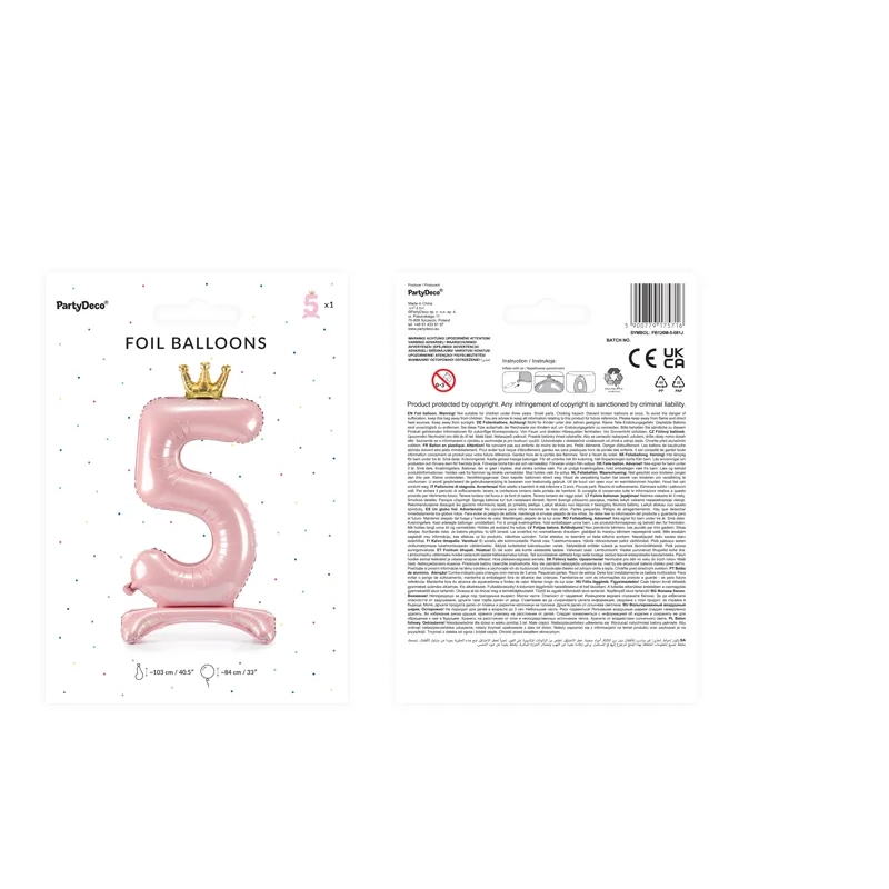 Stoječi folija balon številka 5 rožnato-zlat s krono 84 cm