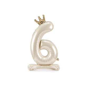 Stoječi folija balon številka 6 s krono, 84 cm, svetlo krem