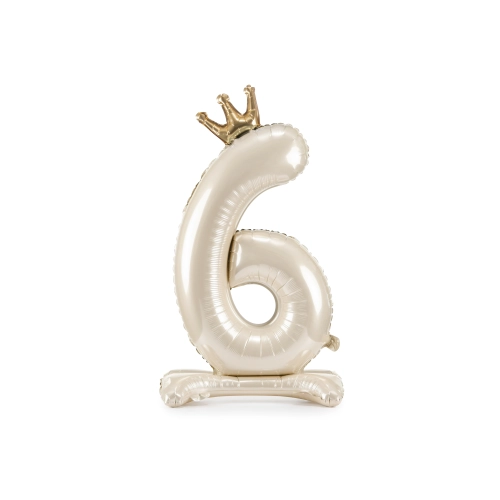 Álló fólia lufi 6-os szám, krémszínű arany koronával, 84 cm