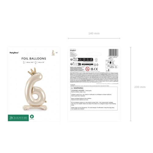 Stoječi folija balon številka 6 s krono, 84 cm, svetlo krem