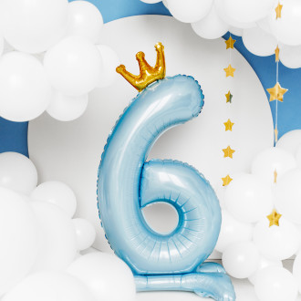 Stoječi folija balon številka 6 modra s krono 84 cm