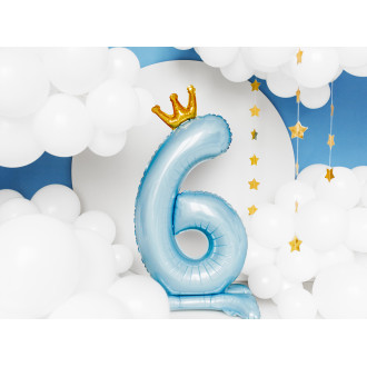 Samostojeći folijski balon broj 6, plavi s krunom, 84 cm