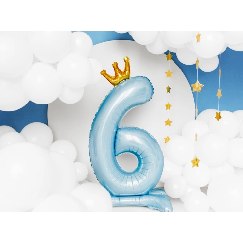 Stoječi folija balon številka 6 modra s krono 84 cm