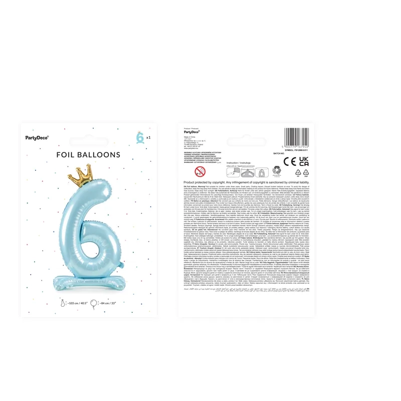 Balon din folie, autoportant, cifră 6, albastru, cu coroană, 84 cm