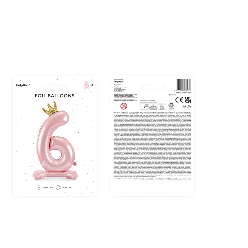Álló fólia lufi 6-os szám koronával, rózsaszín, 84 cm