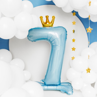 Stoječi folija balon številka 7 modra s krono 84 cm