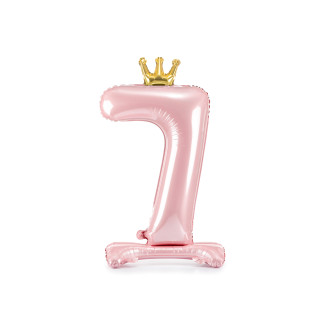 Stoječi folija balon številka 7 rožnato-zlat s krono 84 cm