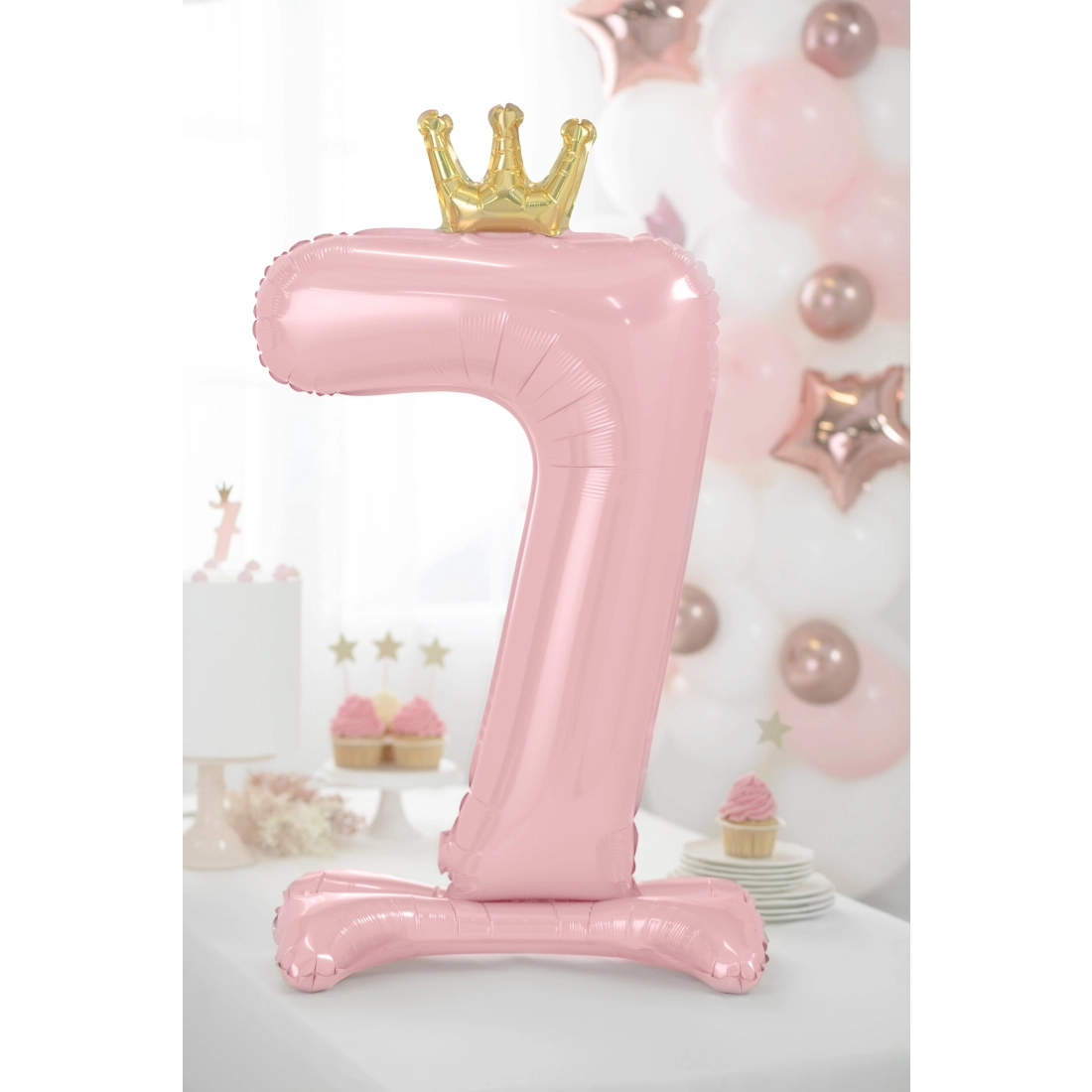 Stoječi folija balon številka 7 rožnato-zlat s krono 84 cm
