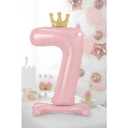 Stoječi folija balon številka 7 rožnato-zlat s krono 84 cm