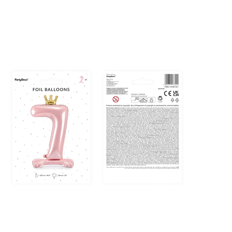 Stoječi folija balon številka 7 rožnato-zlat s krono 84 cm