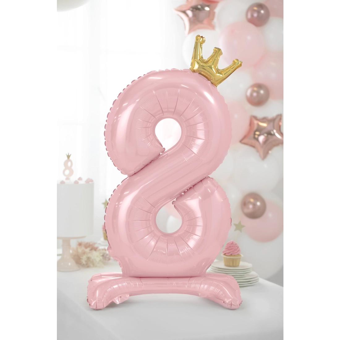 Álló fólia lufi 8-as szám, rózsaszín arany koronával, 84 cm