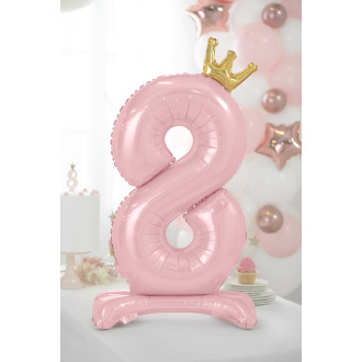 Samostojeći folijski balon broj 8, ružičasti sa zlatnom krunom, 84 cm