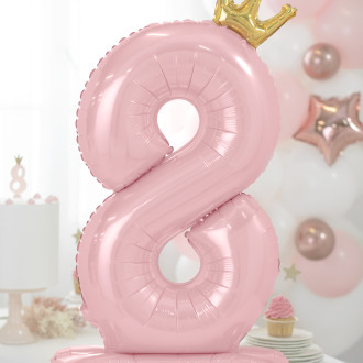 Stoječi folija balon številka 8 rožnato-zlat, 84 cm s krono