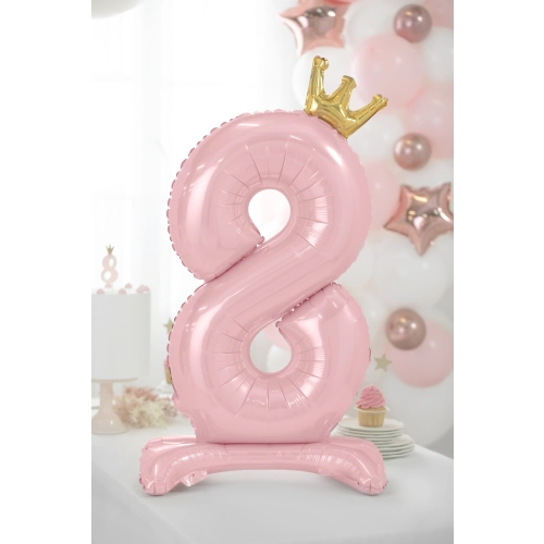 Stoječi folija balon številka 8 rožnato-zlat, 84 cm s krono