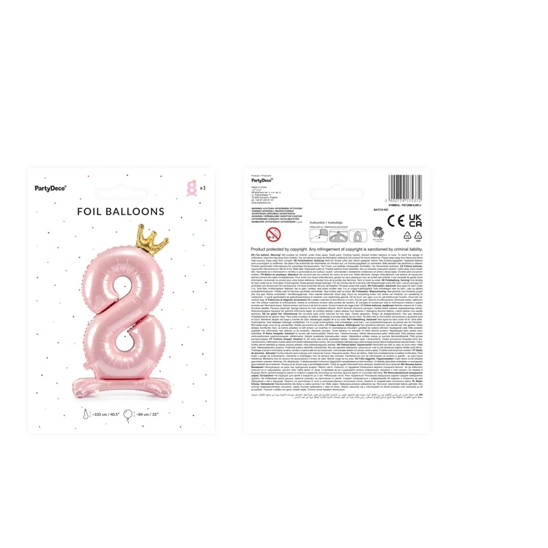 Álló fólia lufi 8-as szám, rózsaszín arany koronával, 84 cm