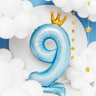 Stoječi folijski balon številka 9 modra s krono 84 cm
