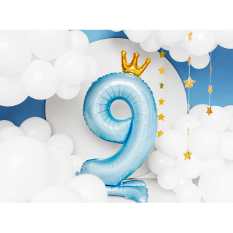 Samostojeći folija balon broj 9 plavi s krunom 84 cm