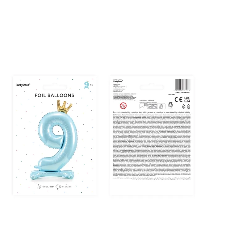 Álló fólia lufi 9-es szám, égkék arany koronával, 84 cm