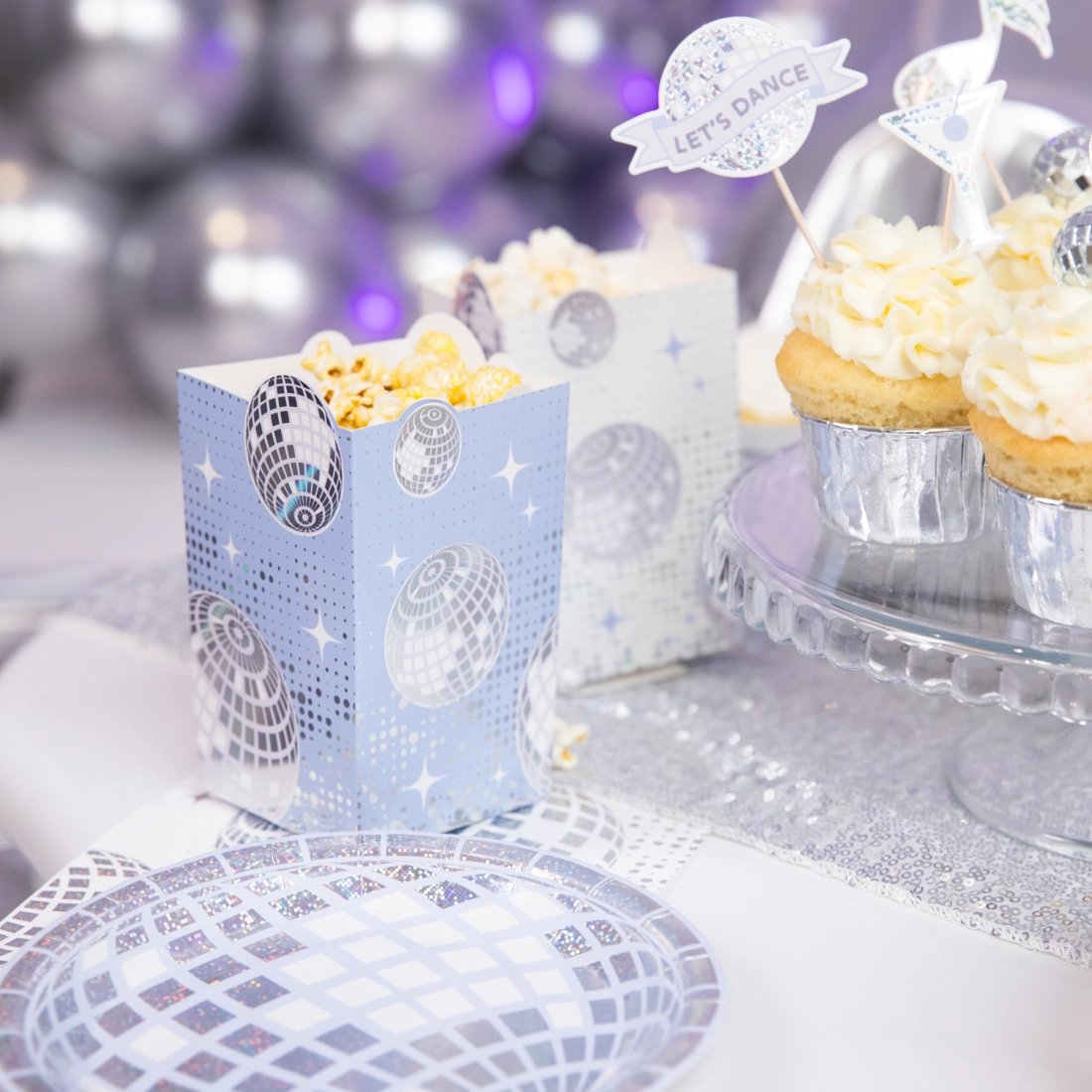 Ezüst disco popcorn doboz 8,5 x 13,5 cm, 6 db csomagolás