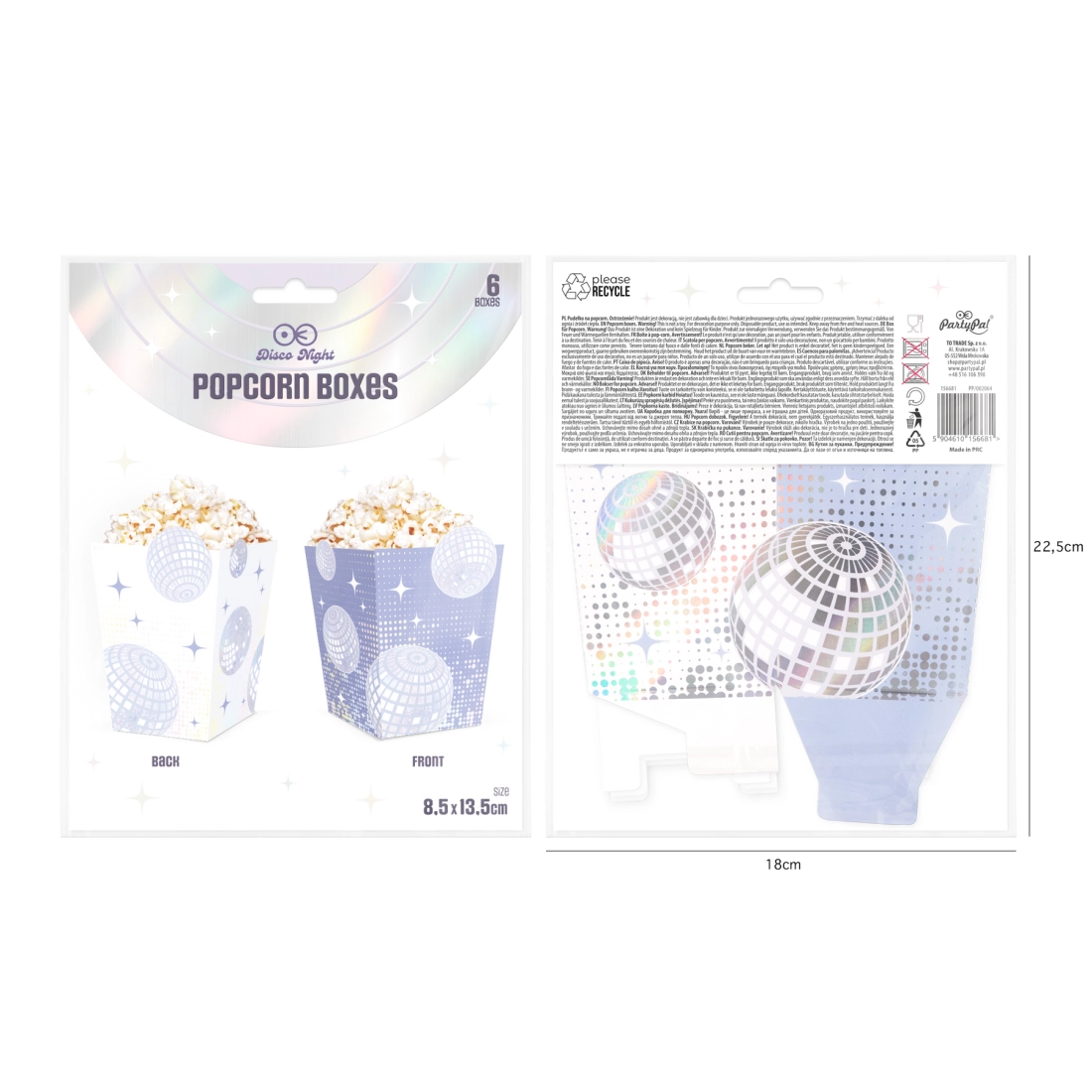 Ezüst disco popcorn doboz 8,5 x 13,5 cm, 6 db csomagolás