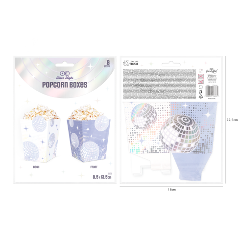 Ezüst disco popcorn doboz 8,5 x 13,5 cm, 6 db csomagolás Ezüst disco popcorn doboz 8,5 x 13,5 cm, 6 db csomagolás