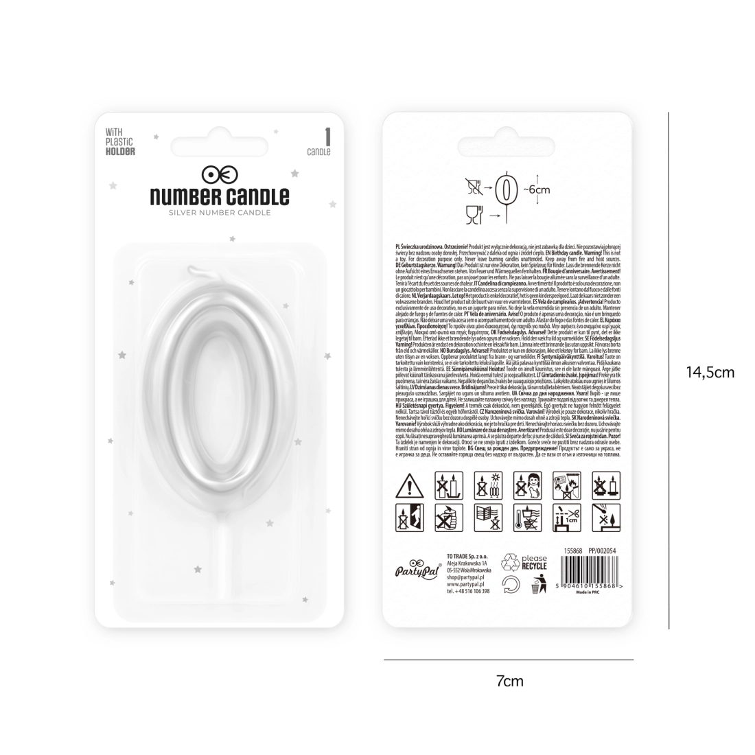Lumânare de tort lucioasă argintie, cifră 0, 6 cm